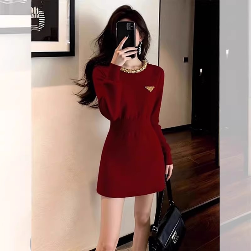 MY17097# 新年新年暗红色小香风特别漂亮掐腰连衣裙新款小个子女裝貨源...