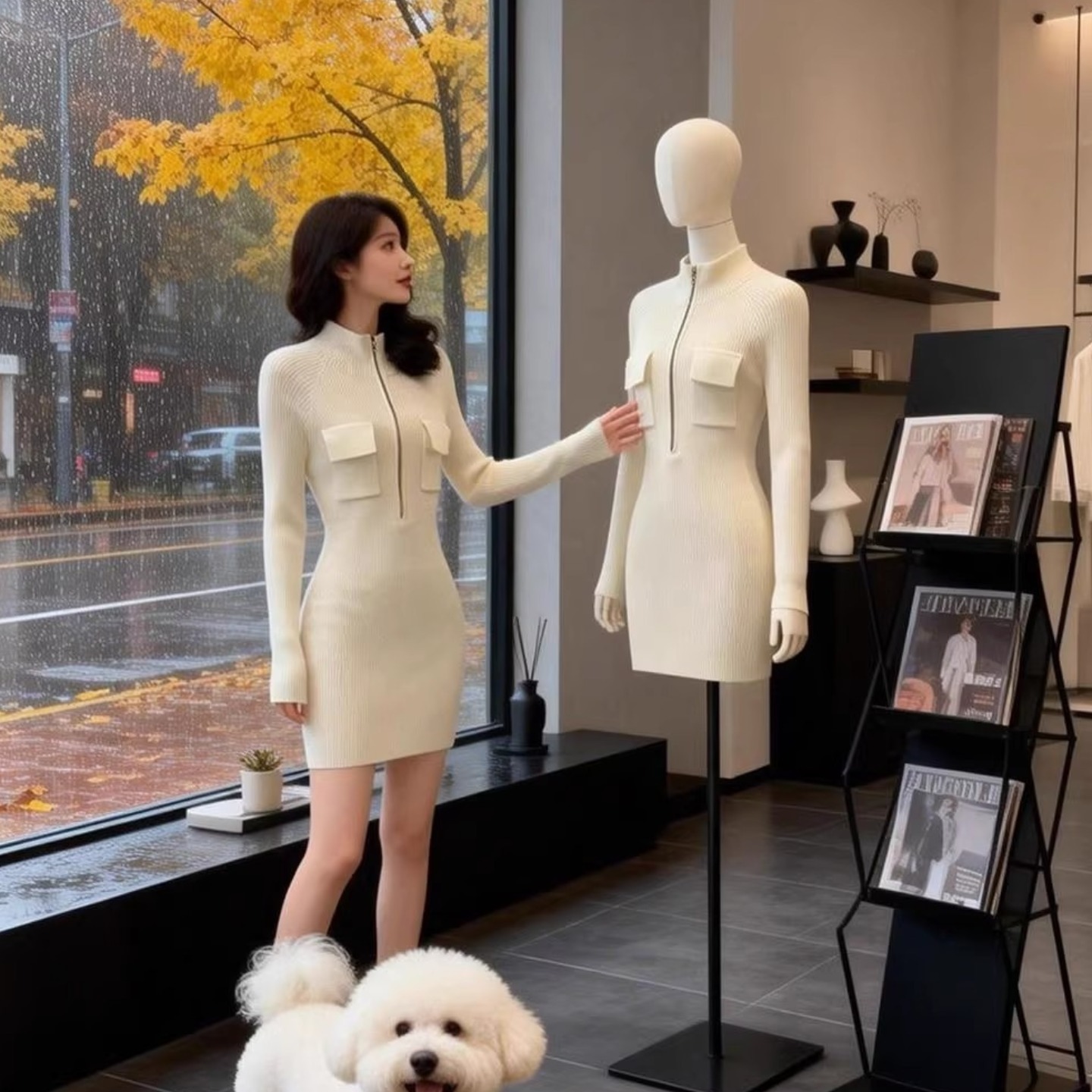 MY17666# 白色裙子修身包臀御姐秋冬短裙新款长袖打底内搭针织连衣裙女...