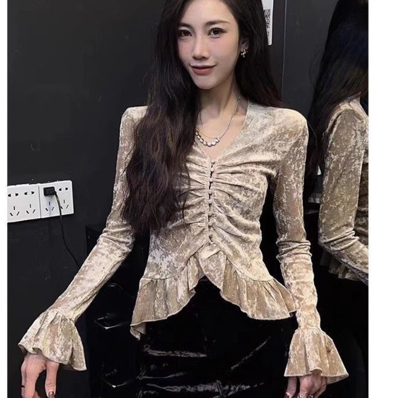 MY15840# 法式气质名媛设计感下摆v领喇叭袖丝绒加绒t恤女冬季新款修身上衣女裝貨源服裝批發