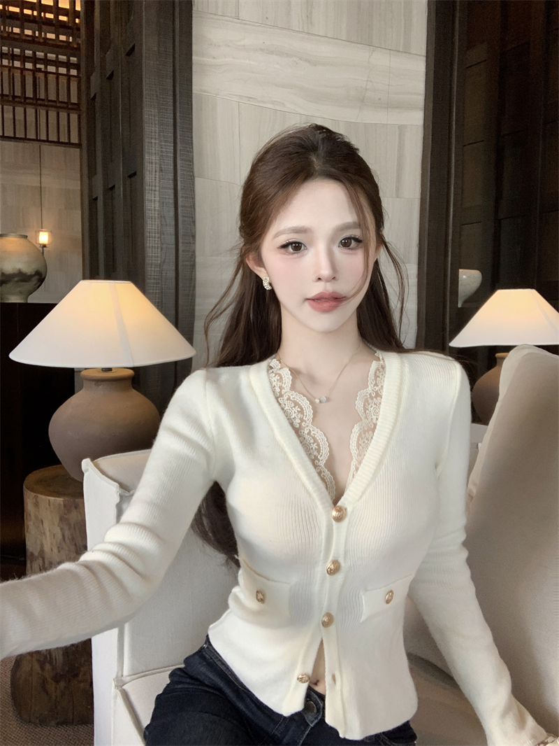 MY17602# 纯欲风蕾丝深V领拼接针织开衫设计感修身显瘦气质小衫上衣女...