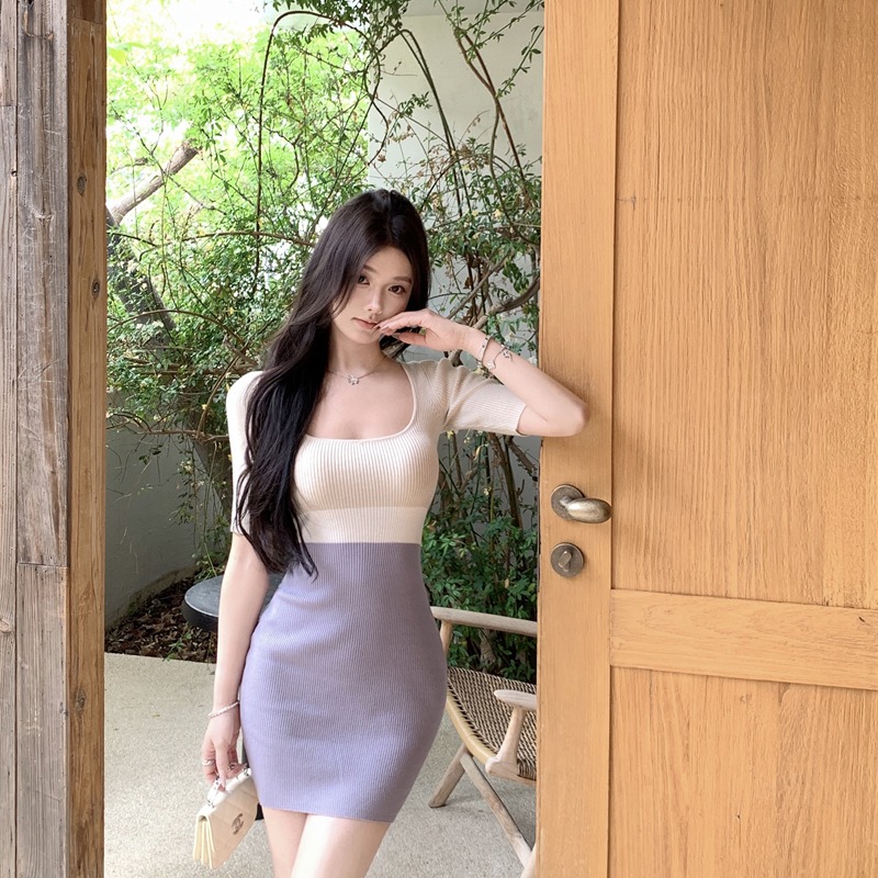 MY16495# 撞色拼接方领短袖连衣裙收腰针织裙纯欲显身材裙子包臀短裙女裝貨源服裝批發