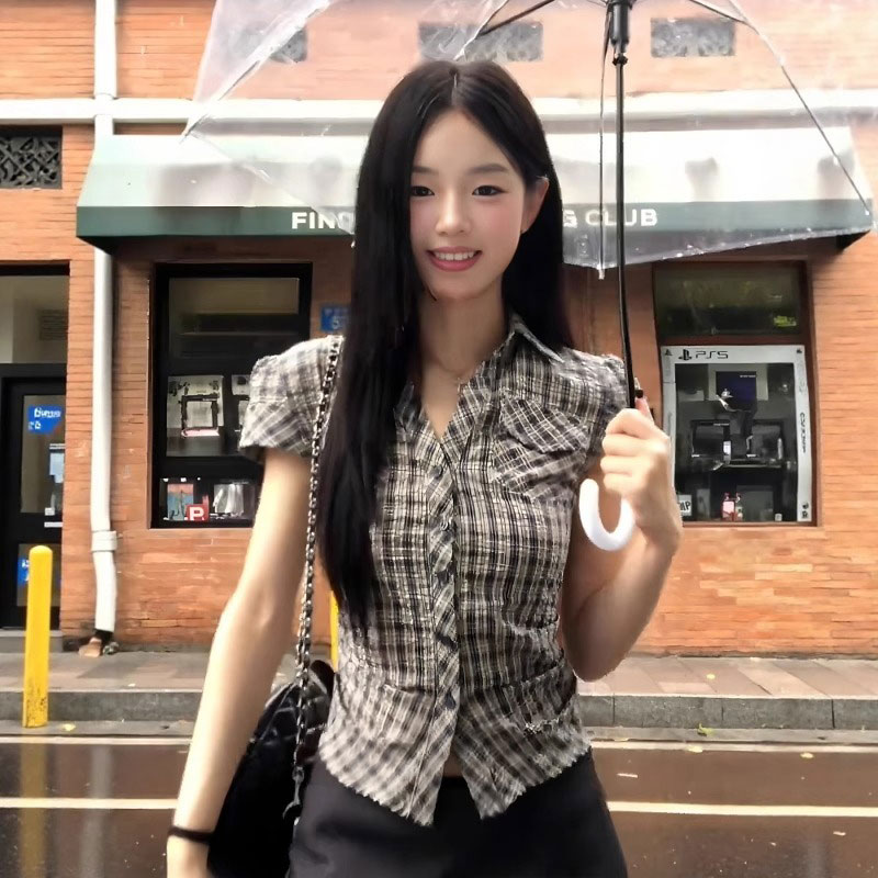 MY16509# 纯棉面料学院风格子短袖衬衫夏季设计感收腰显瘦上衣女裝貨源...