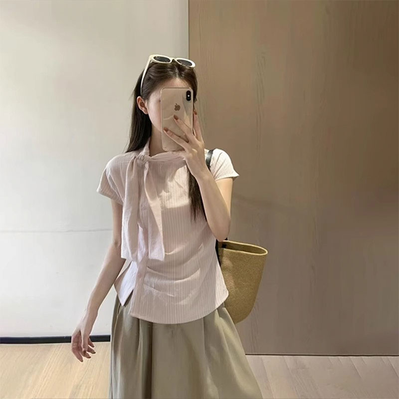 MY16508# 品质韩系条纹飘带短袖衬衫女夏季设计感不规则褶皱上衣女裝貨...