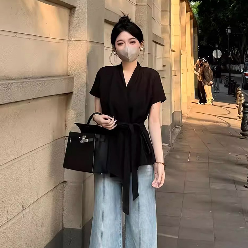 MY16507# 小众设计感绑带收腰显瘦V领短袖衬衫不规则洋气上衣女夏女裝...