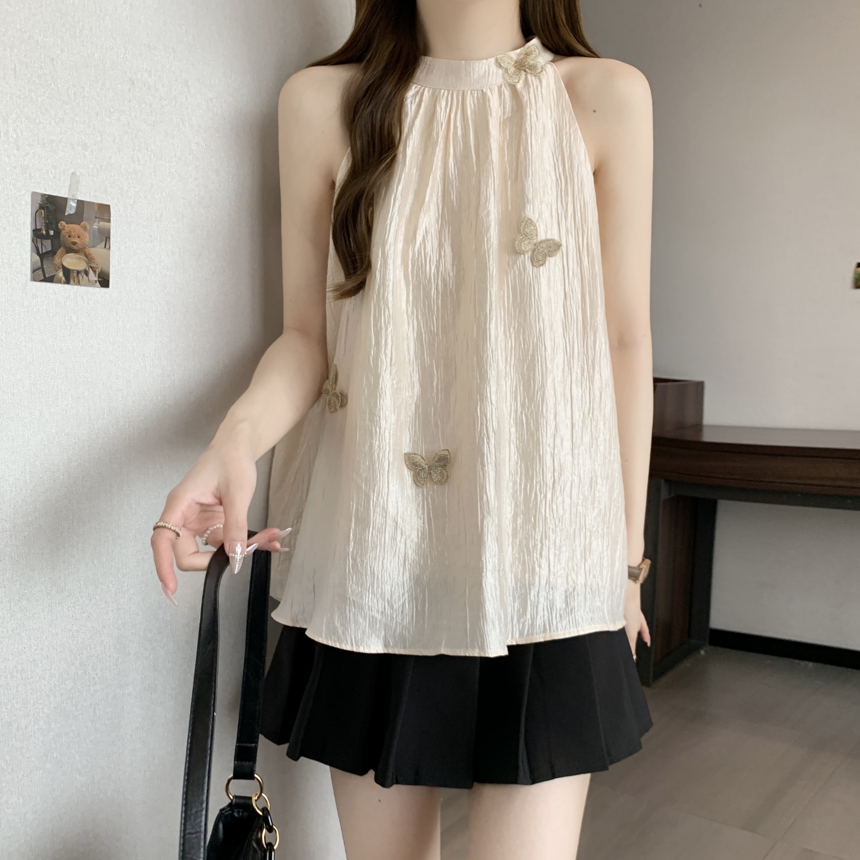 MY16500# 原版布料大码胖mm韩系复古立体蝴蝶挂脖吊带新款露肩小上衣...