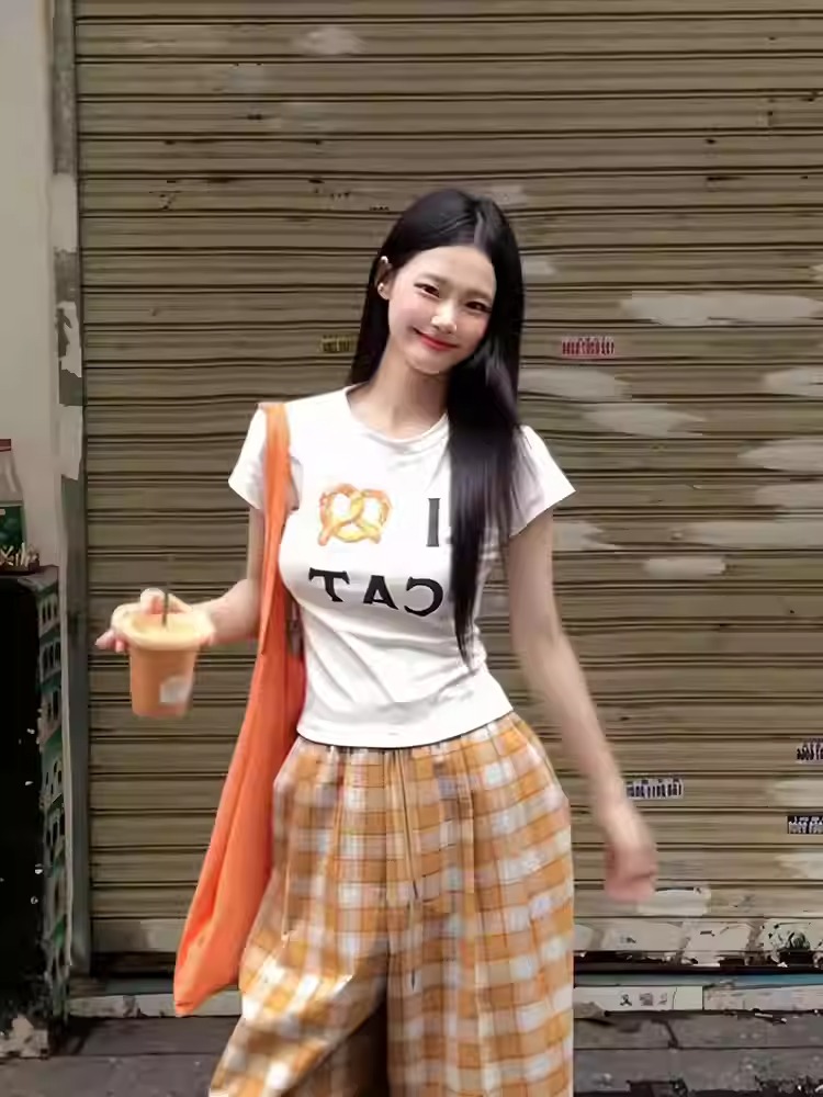 MY16815# 40支纯棉 92%棉8%氨纶 正肩短袖T恤女印花女裝貨源服裝批發