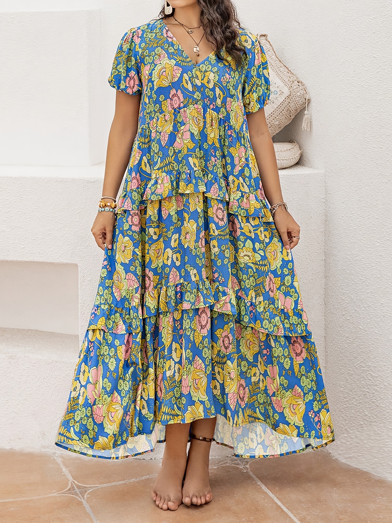 RY1352# D大码女士气质优雅夏款连衣裙V领荷叶边短袖印花宽松长裙