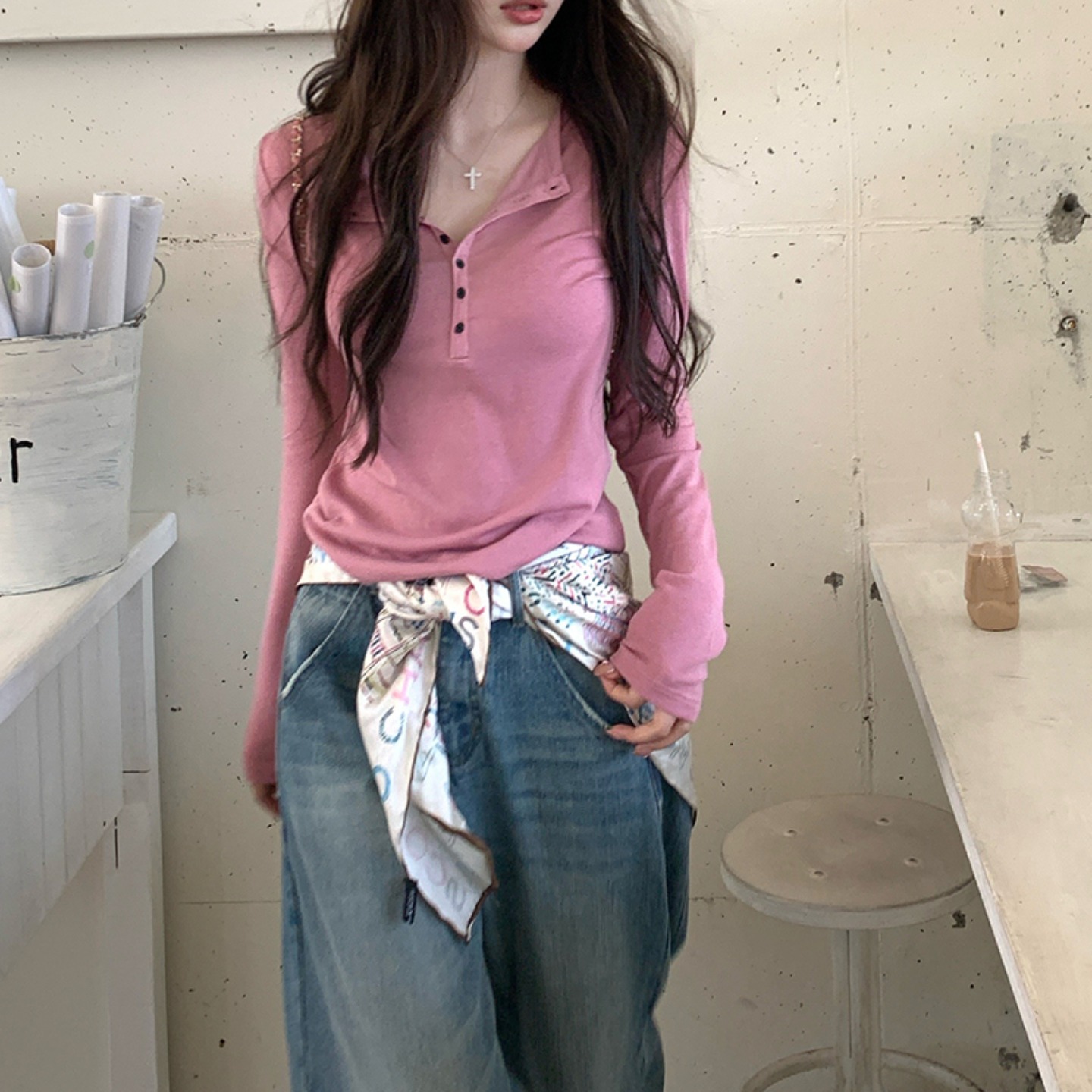 MY14793# 新款舒服天丝羊毛撞色纽扣长袖打底tee女裝貨源服裝批發