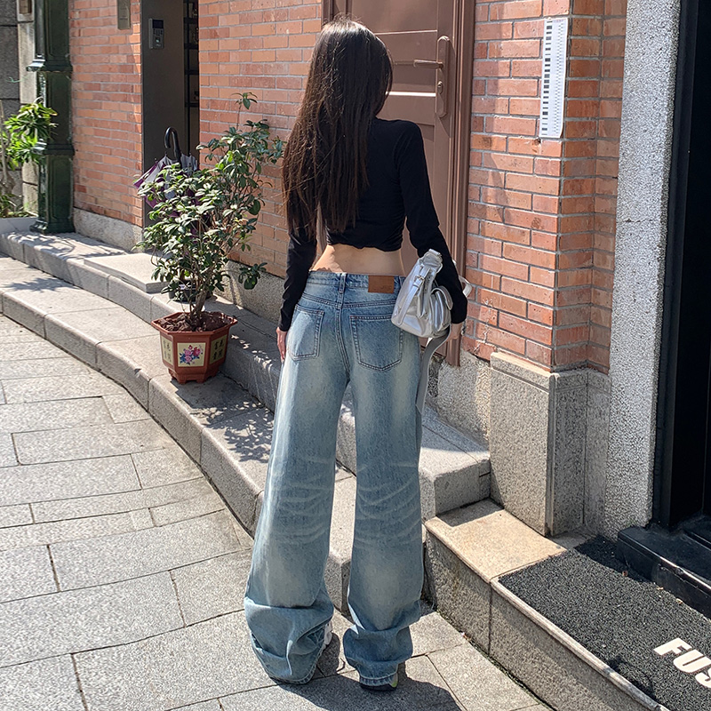 重工藍色直筒褲牛仔褲女2025春秋新款寬松闊腿拖地長褲美式褲子女