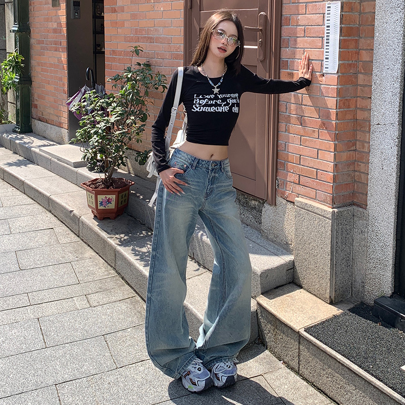重工藍色直筒褲牛仔褲女2025春秋新款寬松闊腿拖地長褲美式褲子女