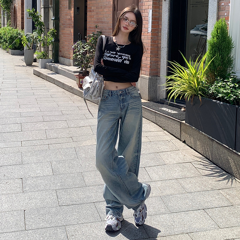 重工藍色直筒褲牛仔褲女2025春秋新款寬松闊腿拖地長褲美式褲子女