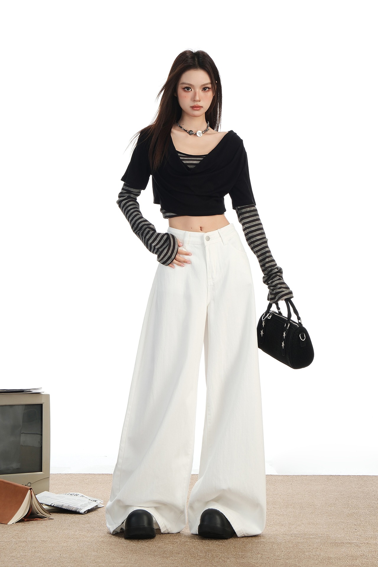 白色牛仔褲女2025秋季新款高腰美式復古百搭拖地寬松慵懶風闊腿褲
