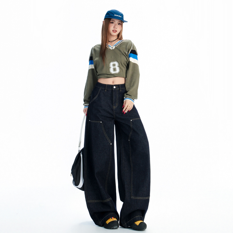 深藍色美式街頭設計感廓形彎刀牛仔褲女秋新款寬松闊腿拖地長褲子