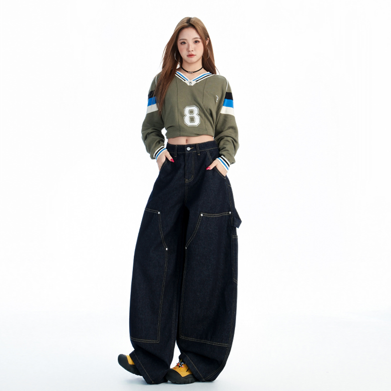 深藍色美式街頭設計感廓形彎刀牛仔褲女秋新款寬松闊腿拖地長褲子