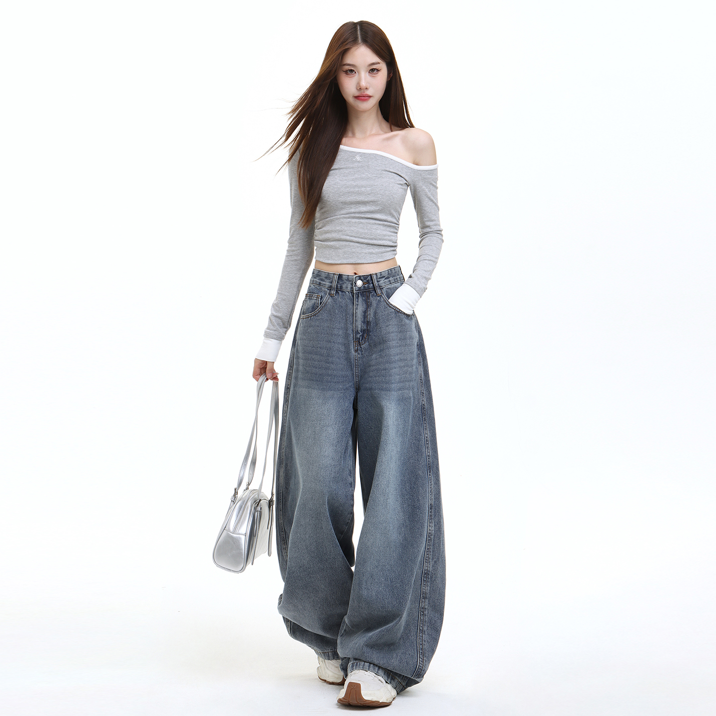 美式高街闊腿牛仔褲女2025秋季新款高腰慵懶松弛感寬松直筒拖地褲