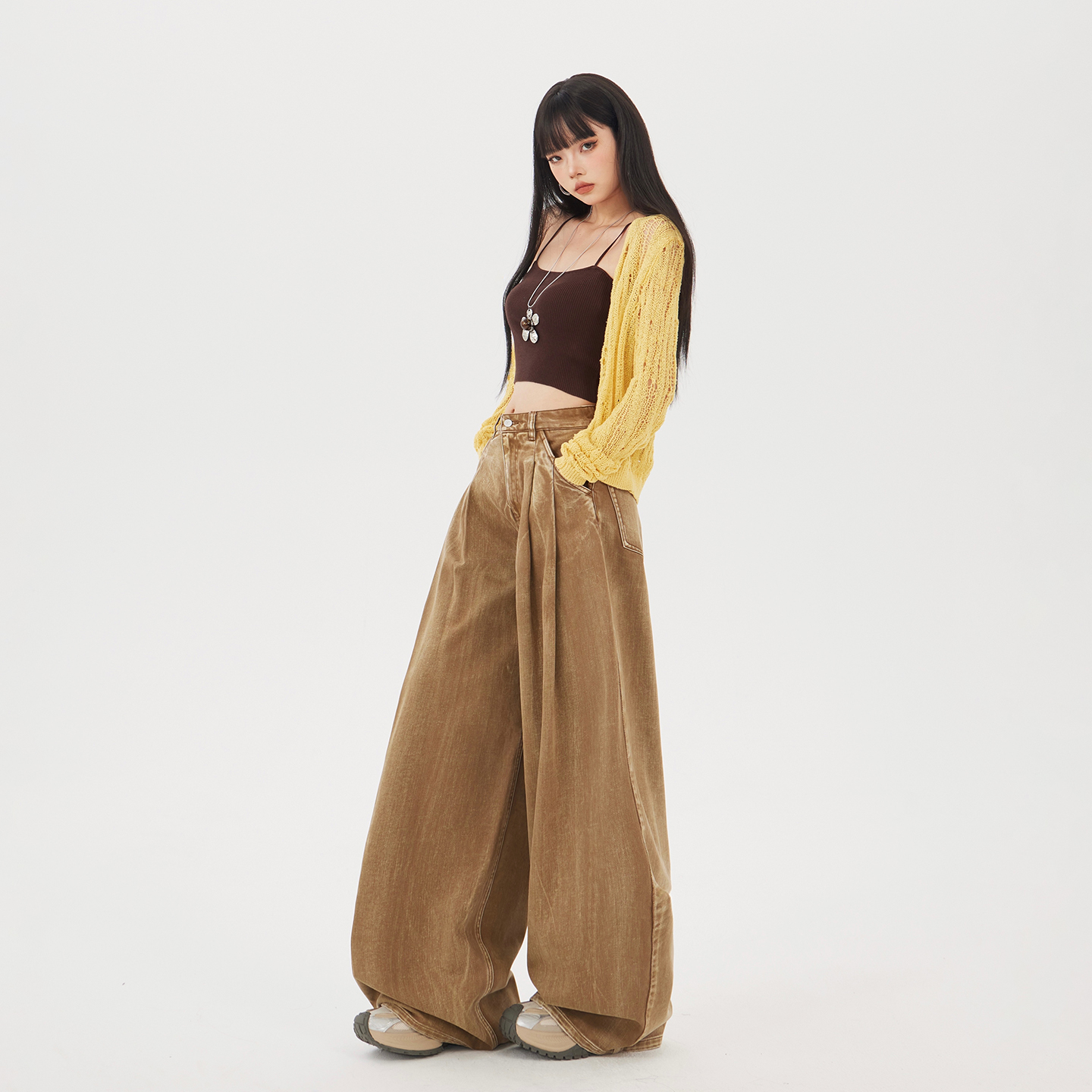 美式復古高腰寬松闊腿褲女秋冬季新款百搭垂感拖地美拉德牛仔褲女