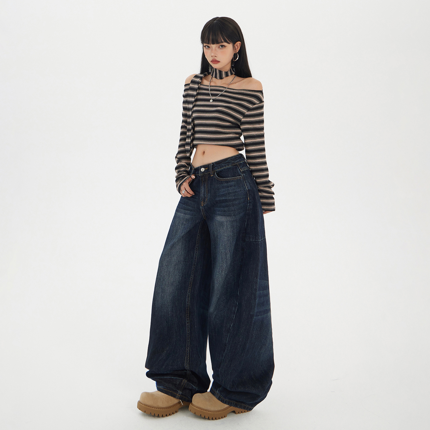 美式復古寬松闊腿褲女2025年秋冬季新款百搭彎刀褲垂感鐮刀牛仔褲