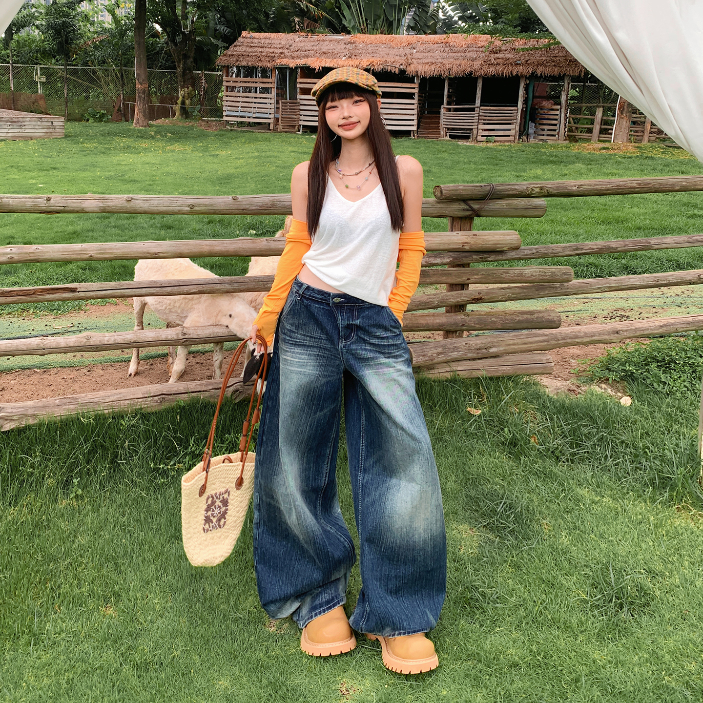 美式復古水洗做舊闊腿牛仔褲女2025新款寬松高腰顯瘦直筒拖地長褲