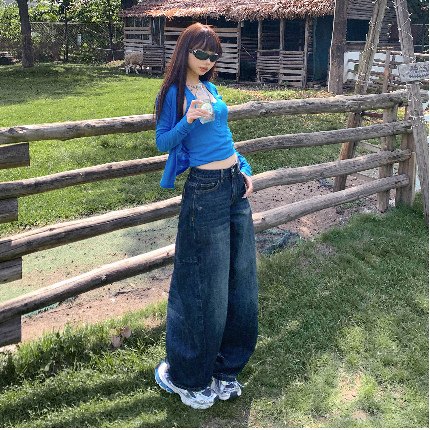 美式復古寬松闊腿牛仔褲2025秋季新款美式辣妹顯瘦低腰拖地鐮刀褲