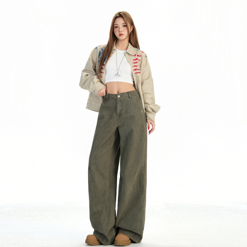 軍綠色美式復古寬松直筒牛仔褲女2025秋季新款高腰顯瘦百搭闊腿褲