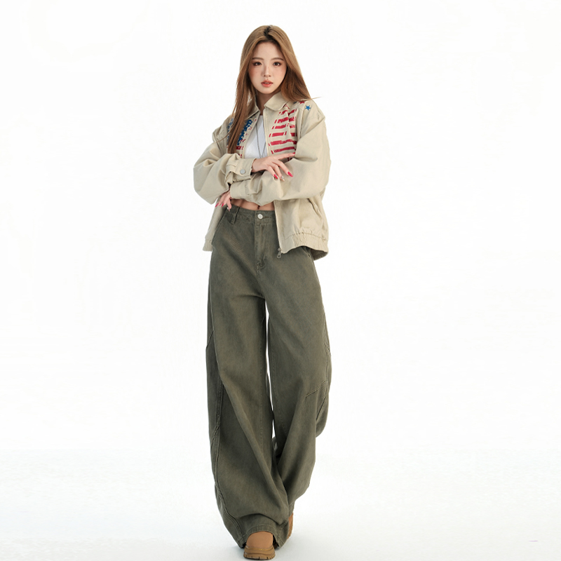 軍綠色美式復古寬松直筒牛仔褲女2025秋季新款高腰顯瘦百搭闊腿褲