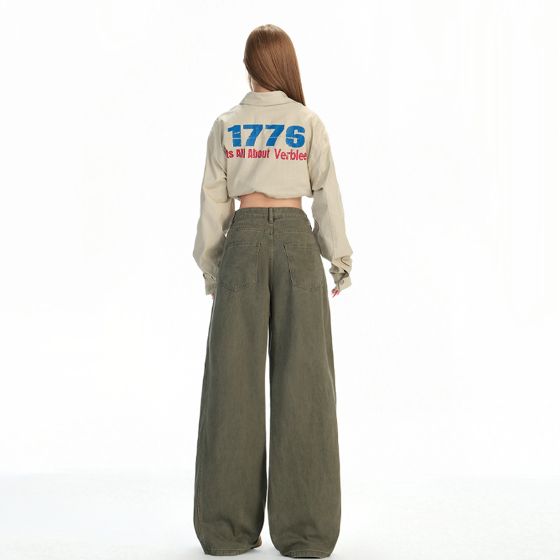 軍綠色美式復古寬松直筒牛仔褲女2025秋季新款高腰顯瘦百搭闊腿褲