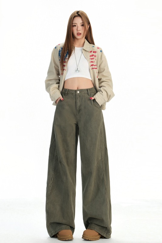 軍綠色美式復古寬松直筒牛仔褲女2025秋季新款高腰顯瘦百搭闊腿褲