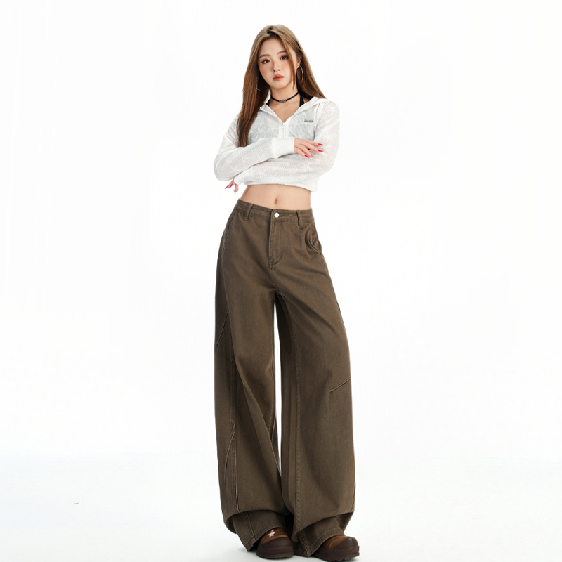 棕咖色美式復古寬松直筒牛仔褲女2025秋季新款高腰顯瘦百搭闊腿褲