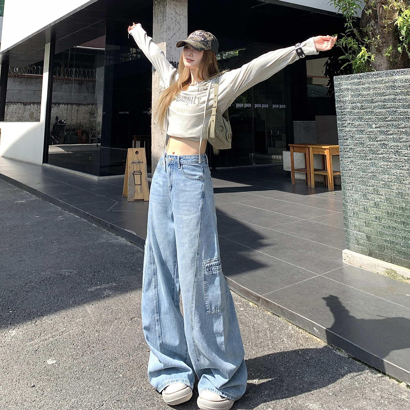 多口袋牛仔褲女2025秋季新款美式復古休閑高腰顯瘦直筒闊腿工裝褲