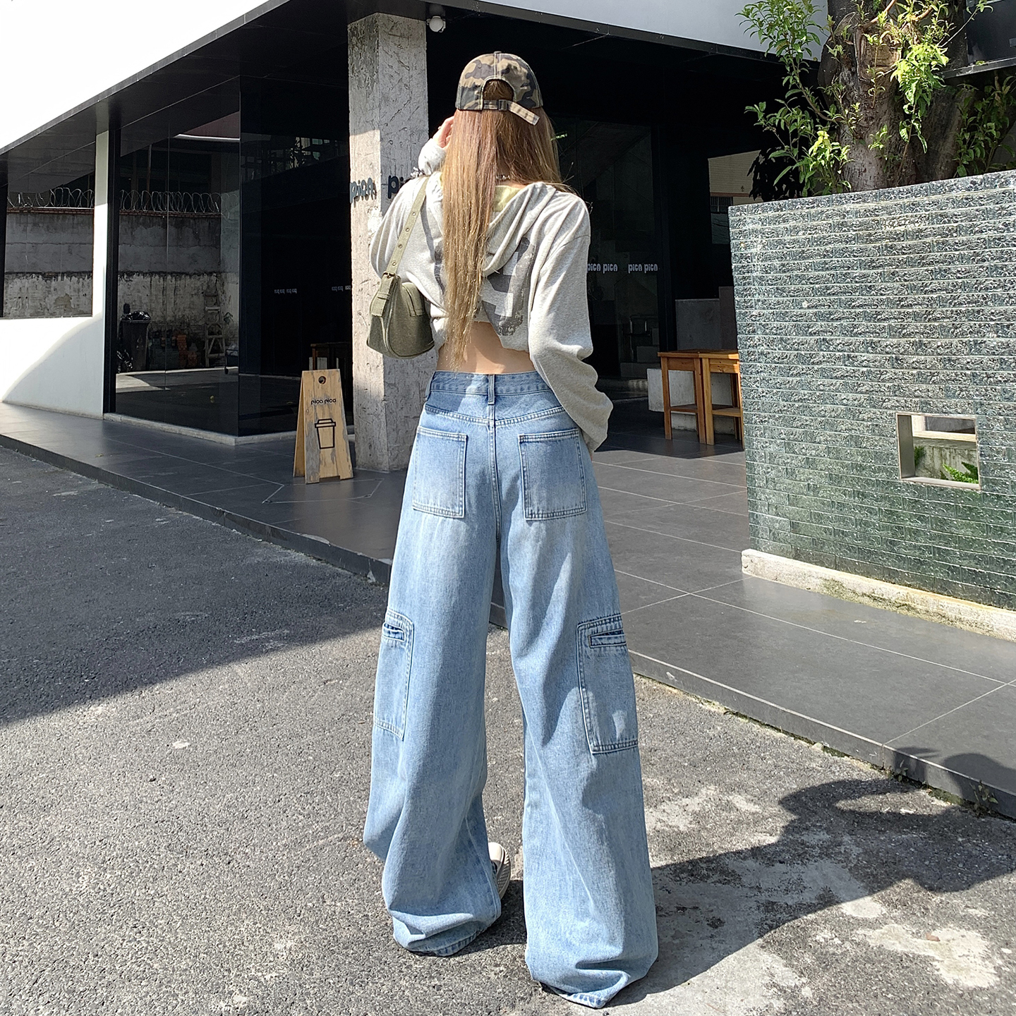 多口袋牛仔褲女2025秋季新款美式復古休閑高腰顯瘦直筒闊腿工裝褲