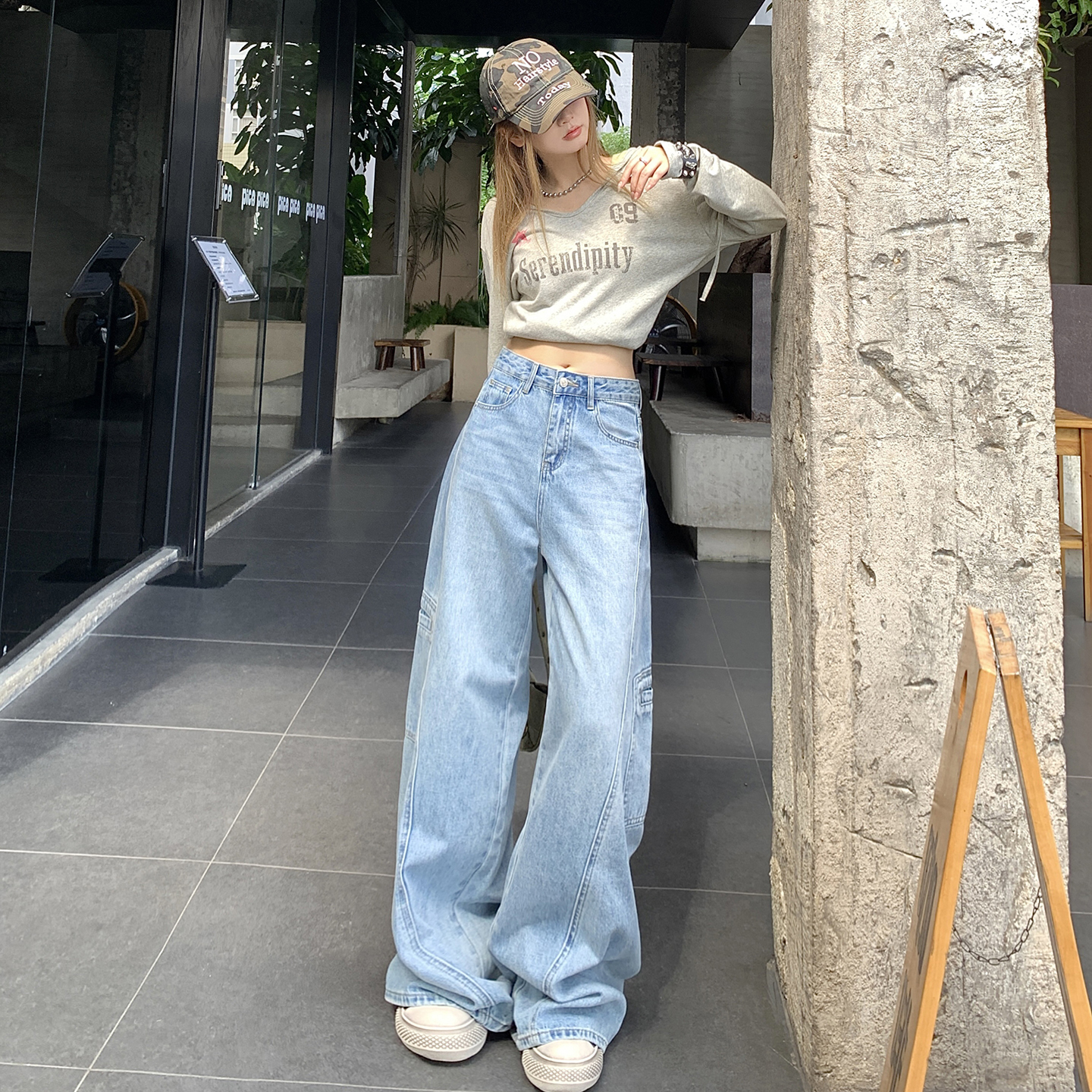 多口袋牛仔褲女2025秋季新款美式復古休閑高腰顯瘦直筒闊腿工裝褲