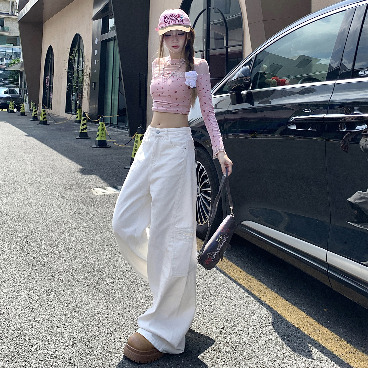 多口袋牛仔褲女2025秋季新款美式復古休閑高腰顯瘦直筒闊腿工裝褲