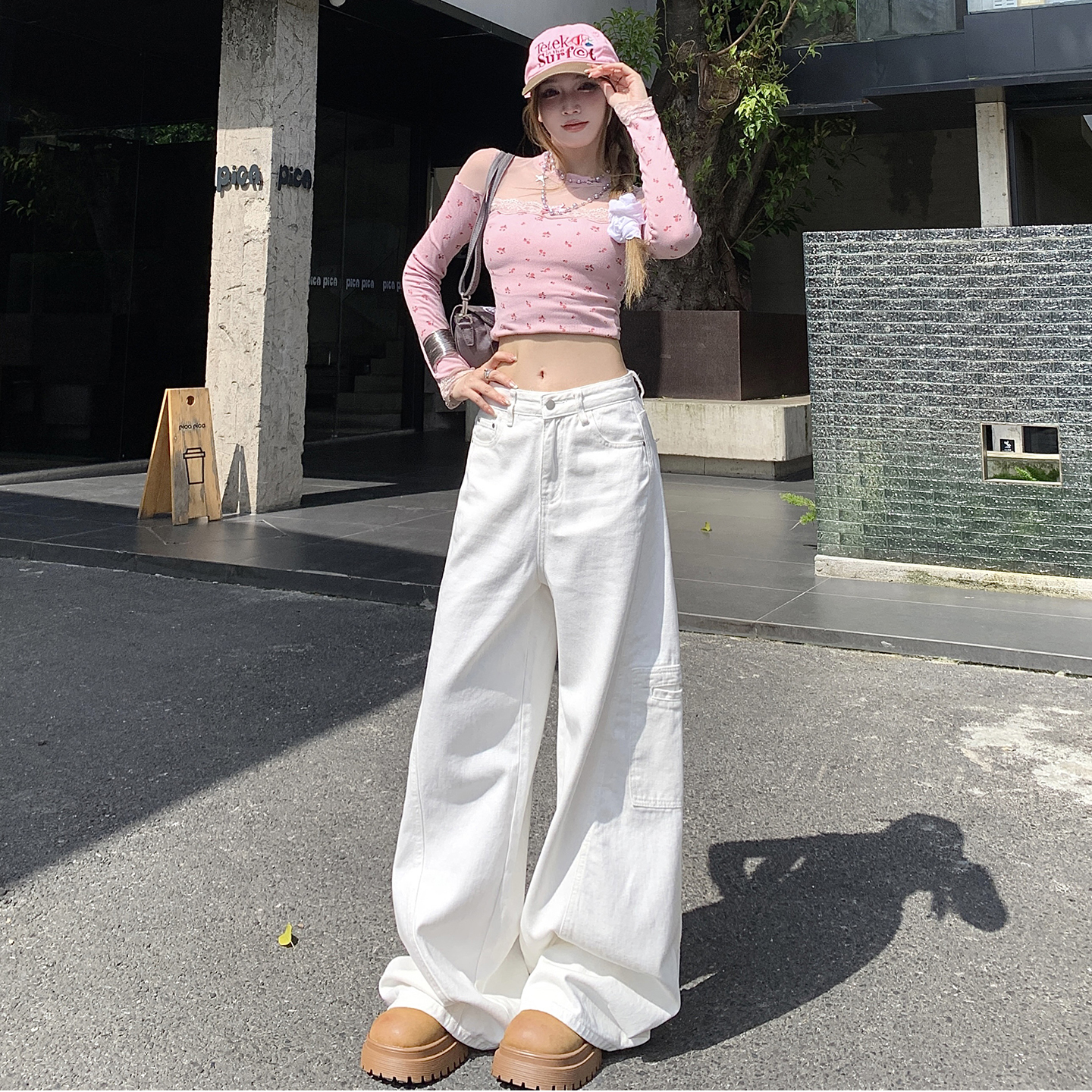 多口袋牛仔褲女2025秋季新款美式復古休閑高腰顯瘦直筒闊腿工裝褲