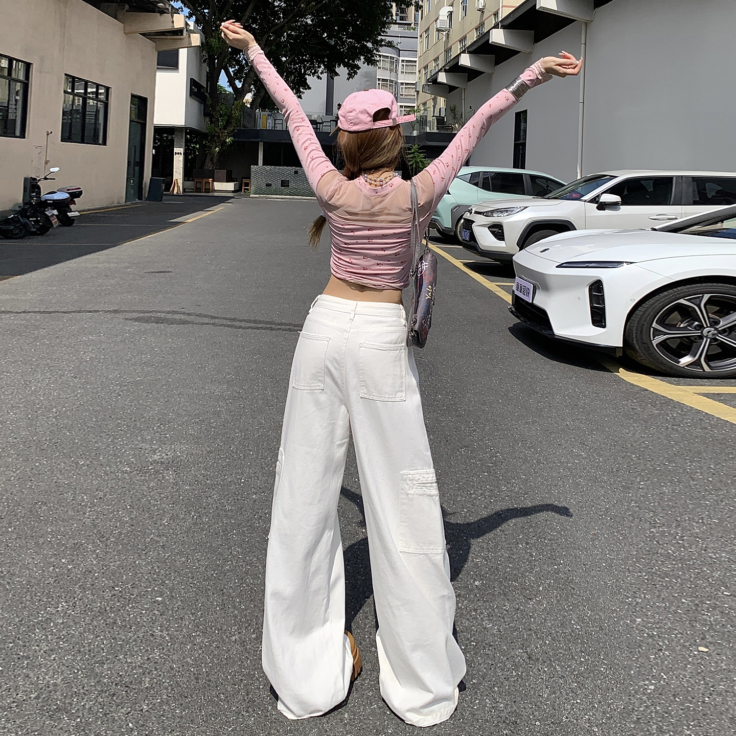 多口袋牛仔褲女2025秋季新款美式復古休閑高腰顯瘦直筒闊腿工裝褲