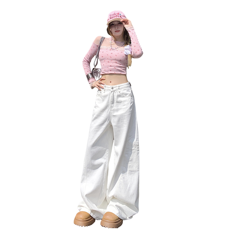 多口袋牛仔褲女2025秋季新款美式復古休閑高腰顯瘦直筒闊腿工裝褲