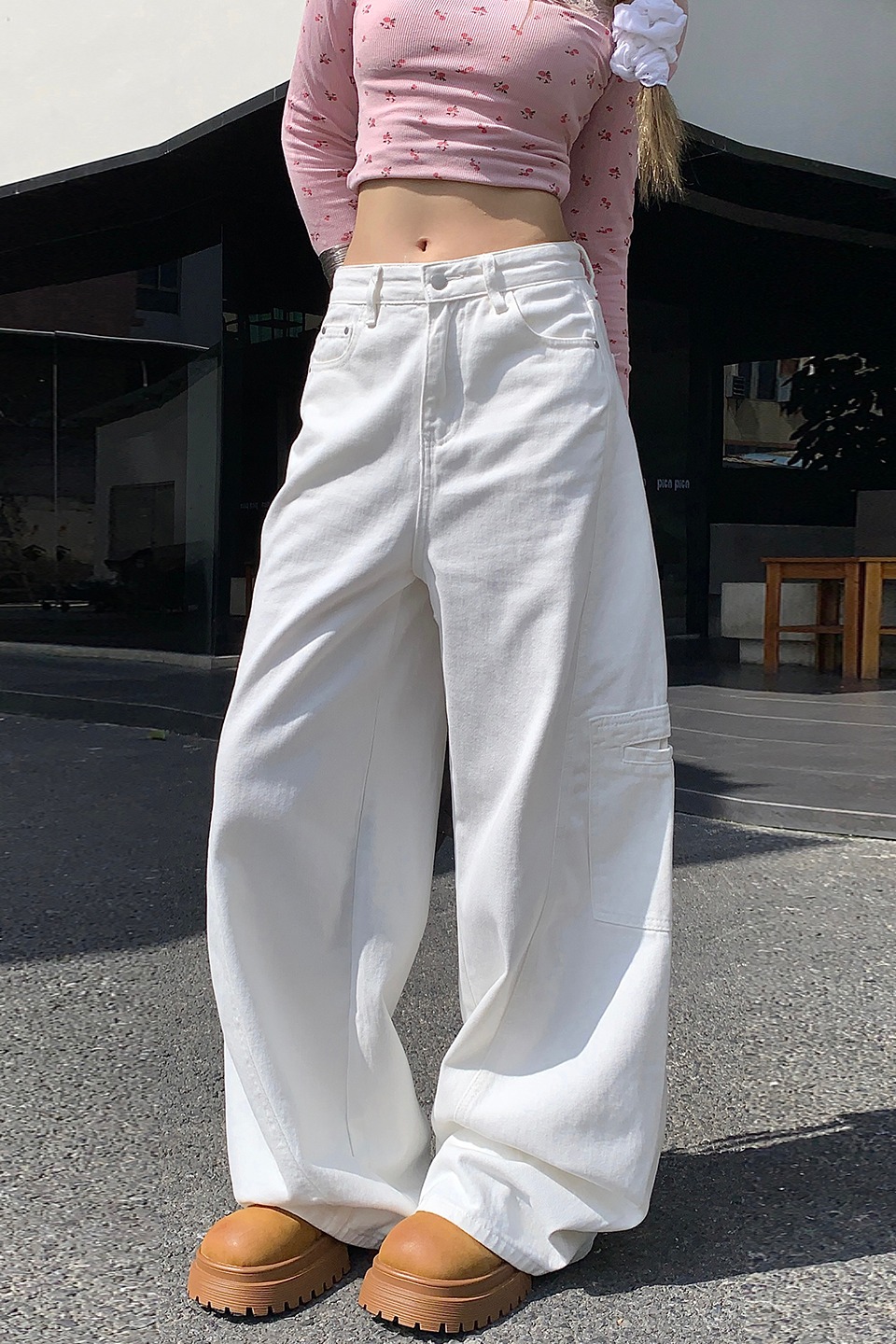 多口袋牛仔褲女2025秋季新款美式復古休閑高腰顯瘦直筒闊腿工裝褲