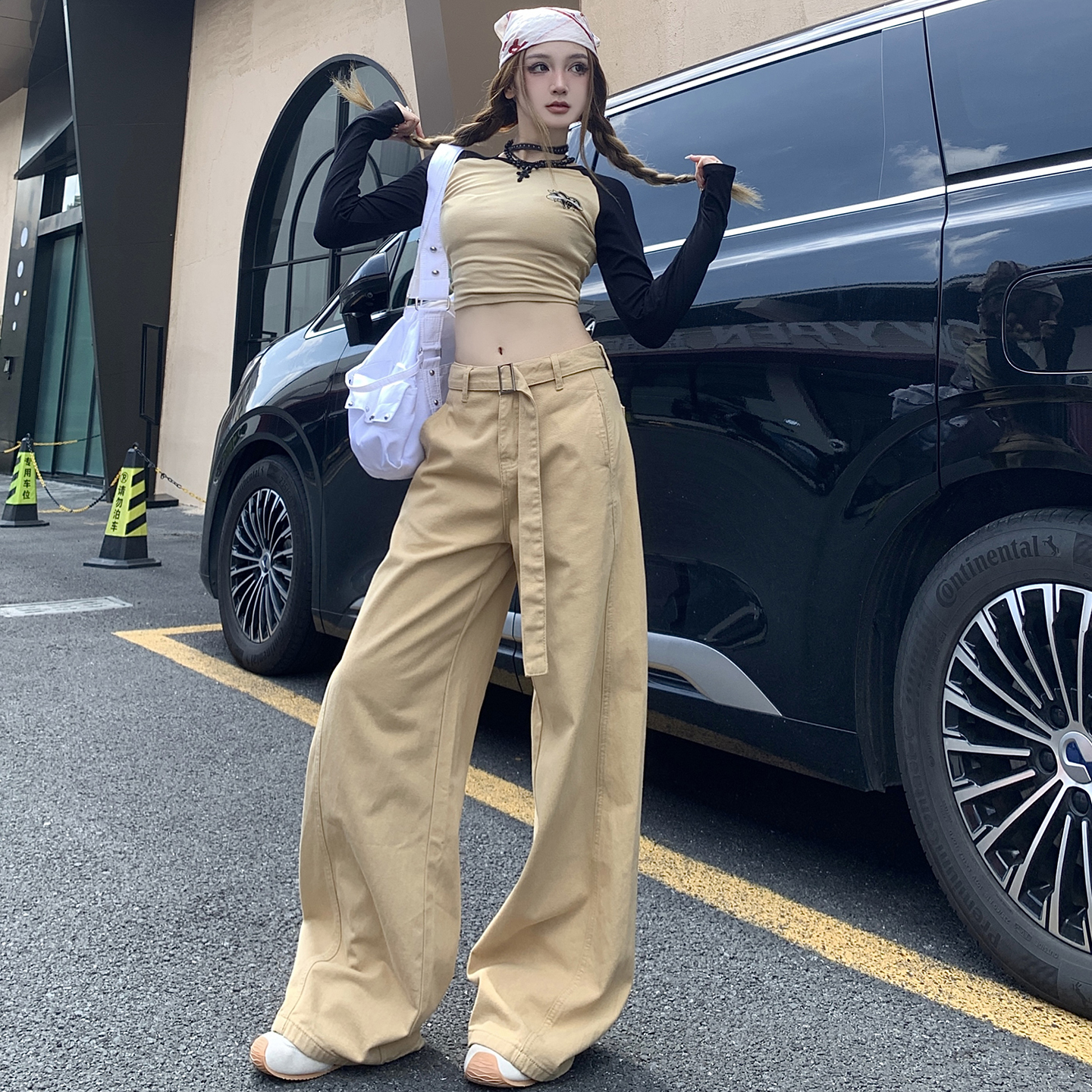 美式復古腰帶卡其色闊腿牛仔褲女2025新款高腰寬松顯瘦垂感休閑褲
