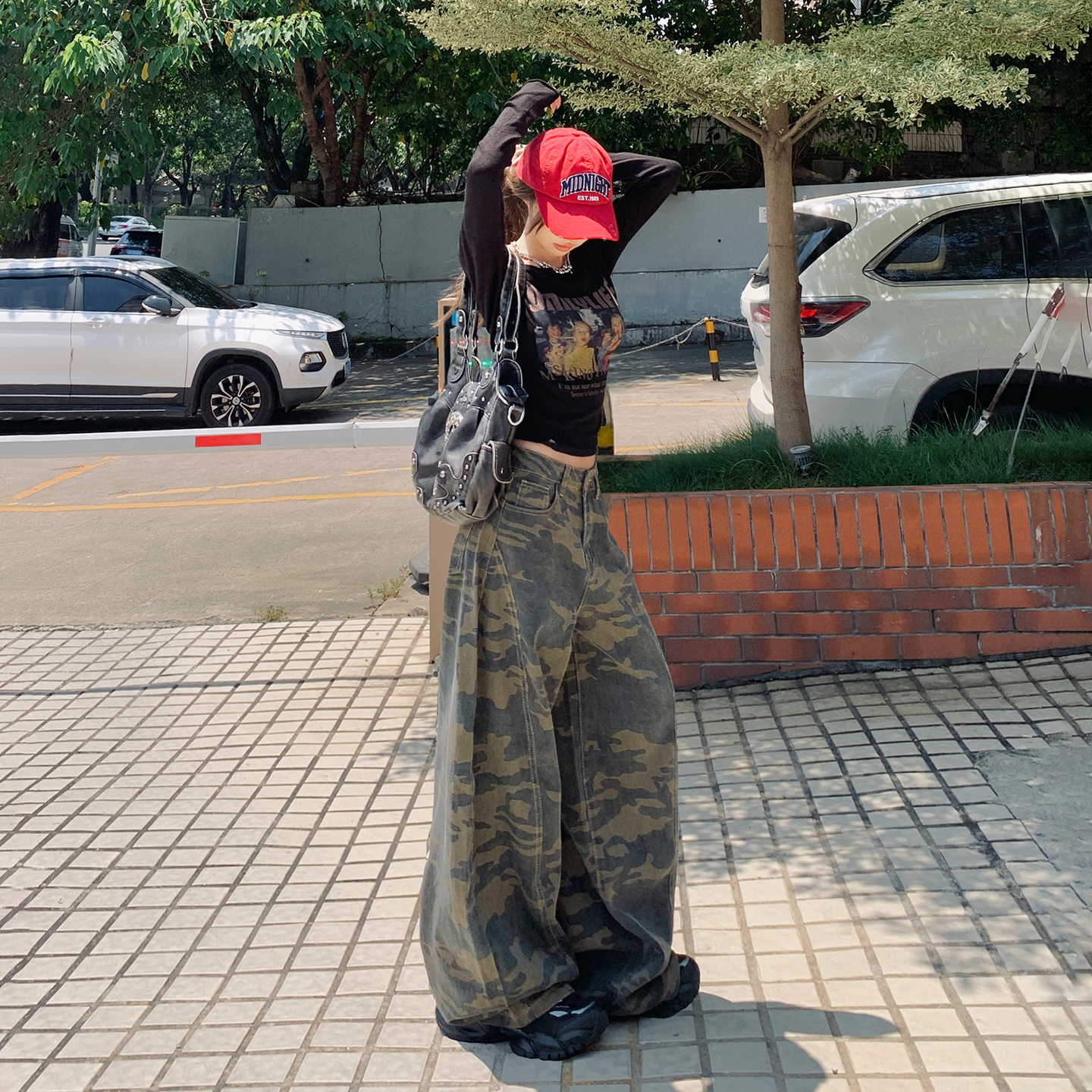 美式復古高腰寬松闊腿褲彎刀褲百搭女2025秋冬季新款迷彩牛仔褲