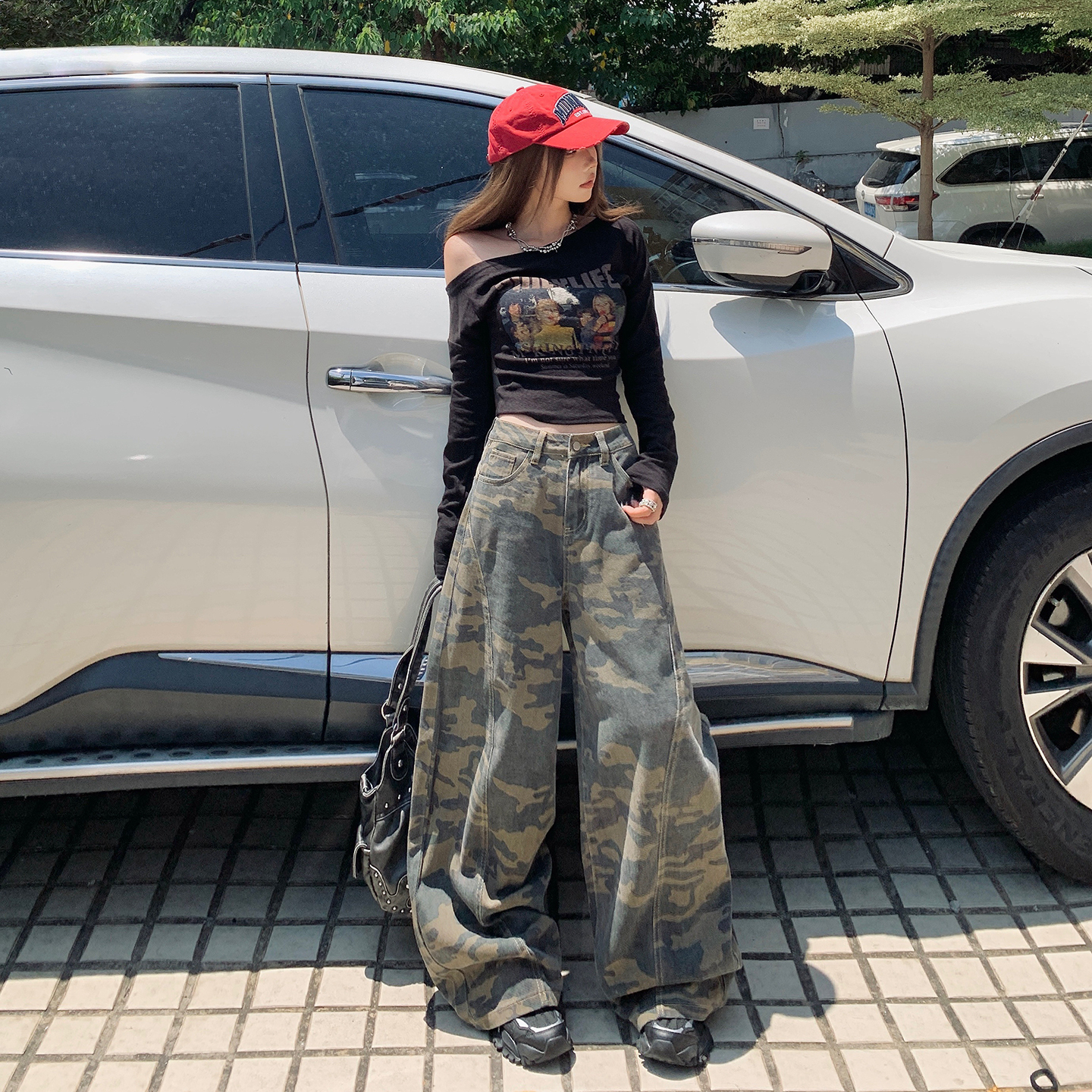 美式復古高腰寬松闊腿褲彎刀褲百搭女2025秋冬季新款迷彩牛仔褲