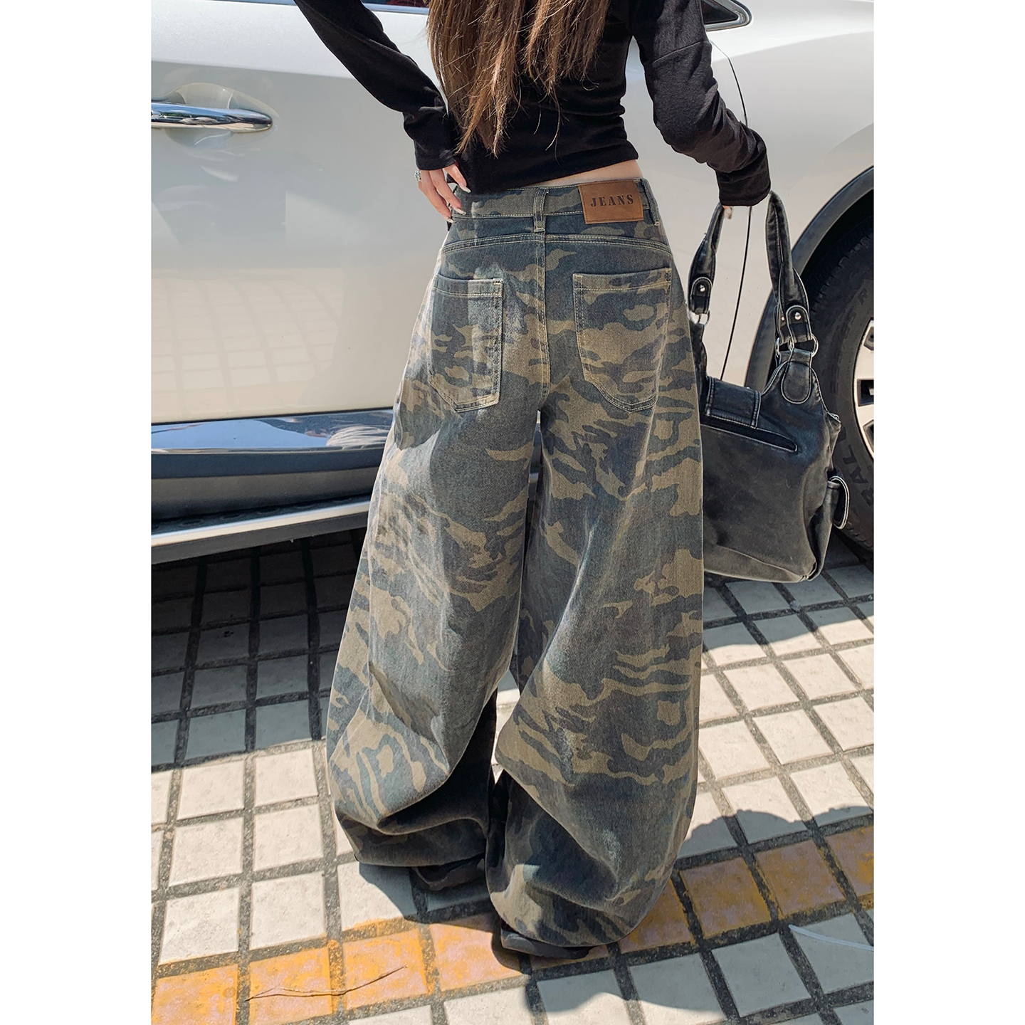 美式復古高腰寬松闊腿褲彎刀褲百搭女2025秋冬季新款迷彩牛仔褲