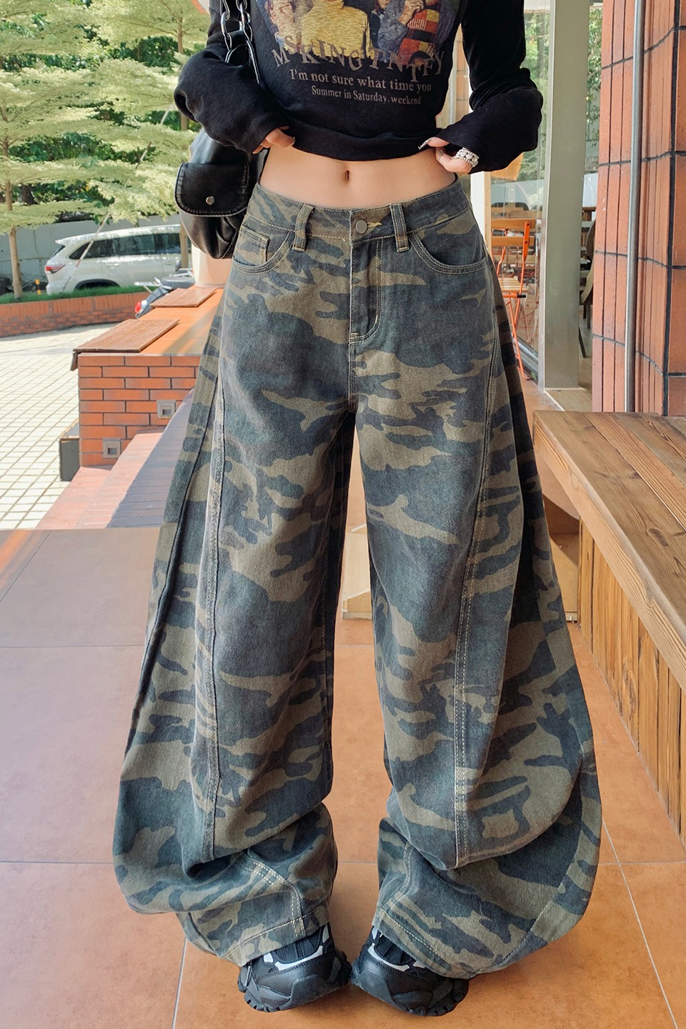 美式復古高腰寬松闊腿褲彎刀褲百搭女2025秋冬季新款迷彩牛仔褲