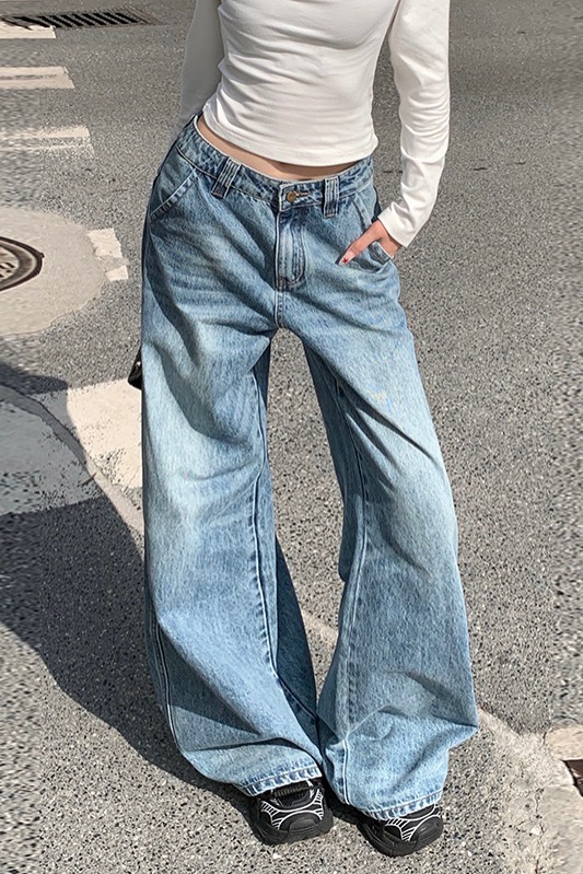 復古做舊水洗不規則口袋刺繡牛仔褲女秋季美式寬松顯瘦闊腿直筒褲