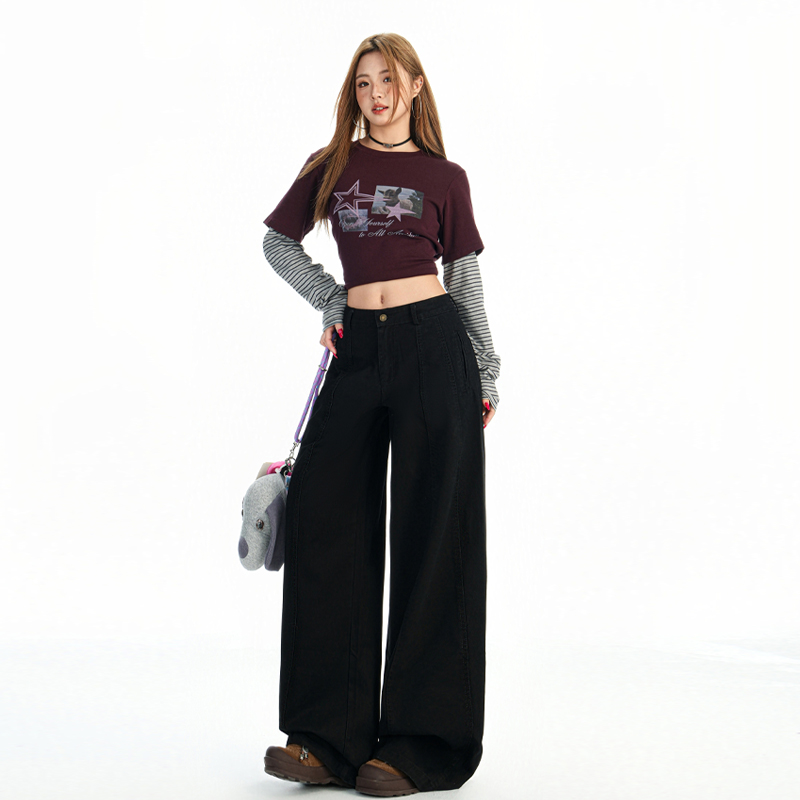 美式黑色直筒高腰分割牛仔褲女2025秋季新款百搭顯瘦寬松闊腿長褲