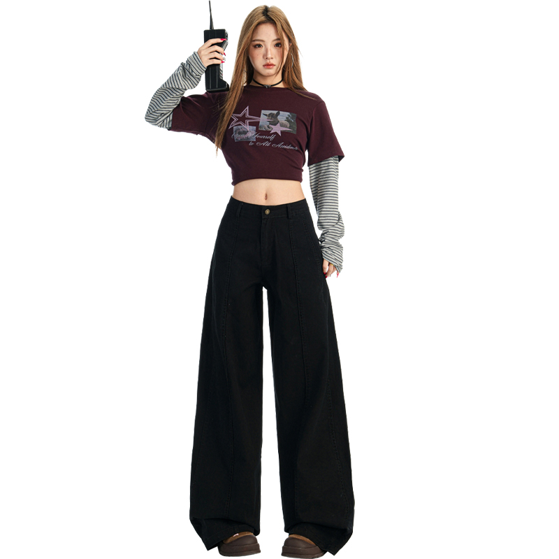 美式黑色直筒高腰分割牛仔褲女2025秋季新款百搭顯瘦寬松闊腿長褲