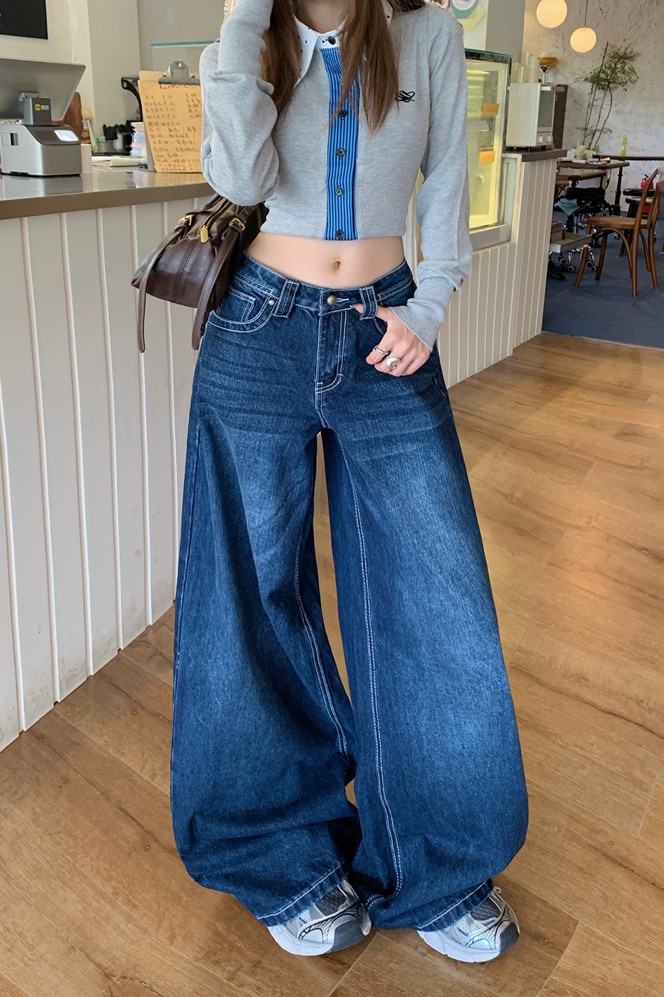 美式復古深藍闊腿牛仔褲女2025秋季新款高腰寬松顯瘦小個子拖地褲