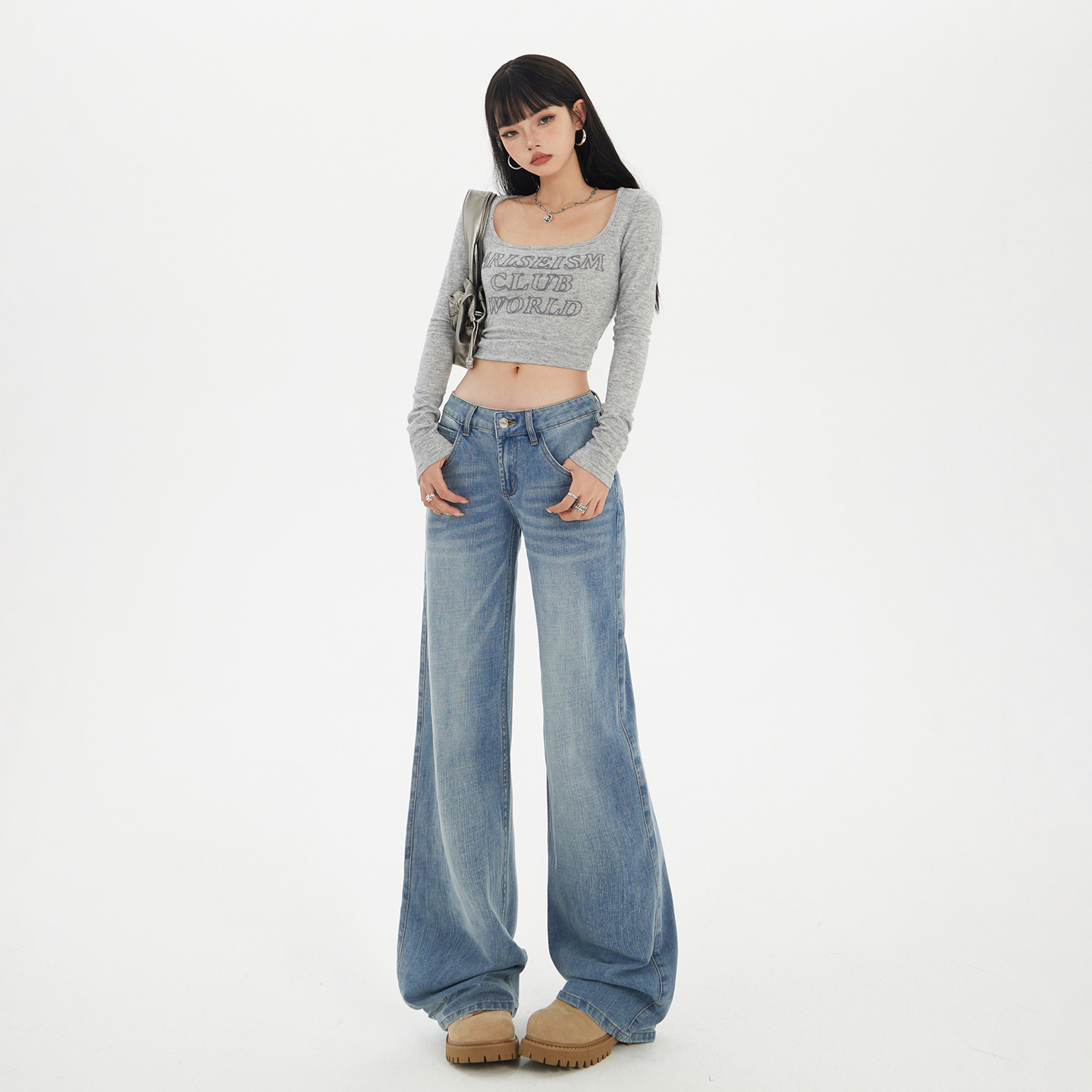 美式復古低腰寬松直筒喇叭褲女2025秋冬季新款垂感拖地百搭牛仔褲