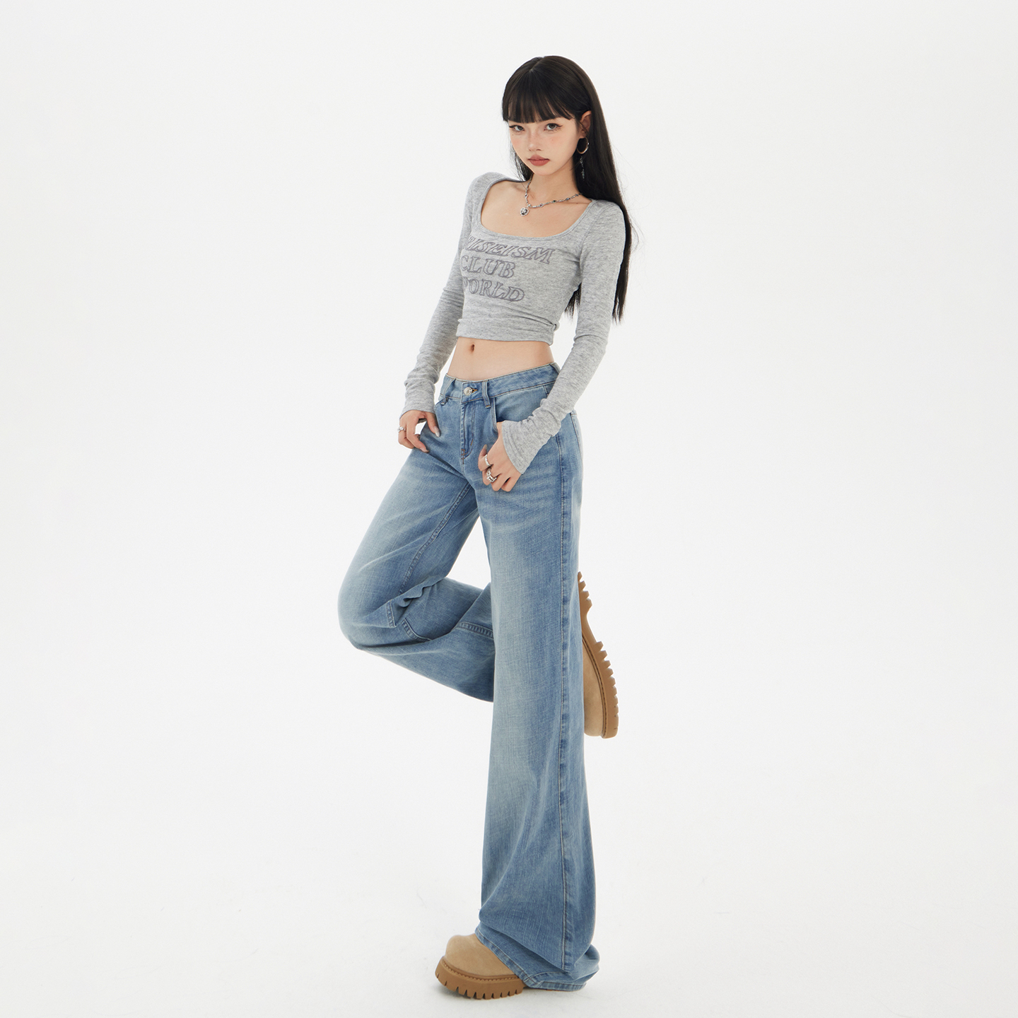 美式復古低腰寬松直筒喇叭褲女2025秋冬季新款垂感拖地百搭牛仔褲