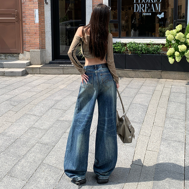 美式復古辣妹女秋季新款寬松深藍色闊腿刺繡垂感直筒修身牛仔褲子