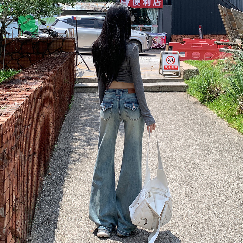 美式復古彈力微喇褲女秋季新款低腰修身顯瘦辣妹不貼腿牛仔喇叭褲
