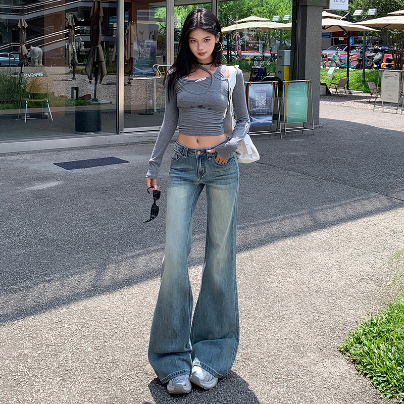 美式復古彈力微喇褲女秋季新款低腰修身顯瘦辣妹不貼腿牛仔喇叭褲